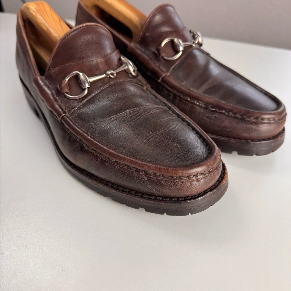 Gucci Horsebit Men's Brown Leather Silver Tone Metal Loafers Shoes 10.5